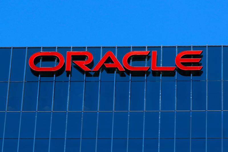 FILE PHOTO: The Oracle logo is shown on an office building in Irvine, California