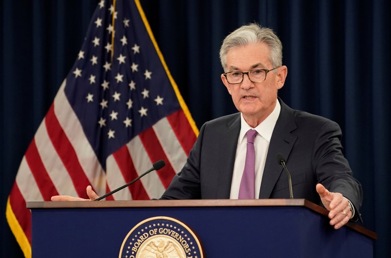 FILE PHOTO: Federal Reserve Chairman Jerome Powell holds a news conference following a two-day Federal Open Market Committee meeting in Washington