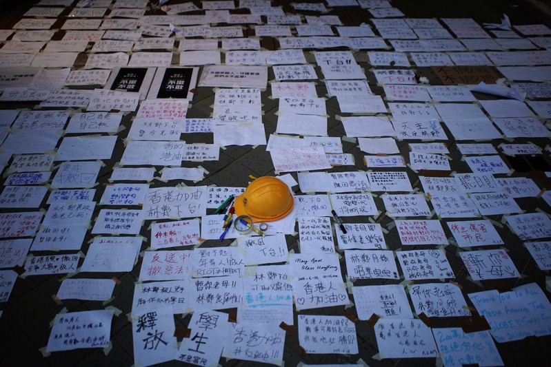 A helmet and messages of support for the protest against a proposed extradition bill, are seen displayed early morning in Hong Kong, China