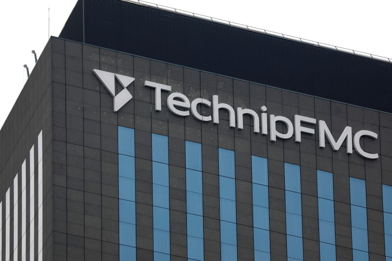 The logo of energy engineering group TechnipFMC is seen on top of the company's building in Courbevoie at the financial and business district of La Defense near Paris