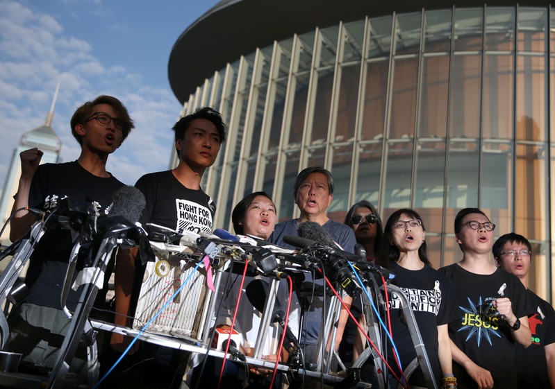Members of Civil Human Rights Front hold a news conference in response to the announcement by Hong Kong Chief Executive Carrie Lam regarding the proposed extradition bill, outside the Legislative Council building in Hong Kong