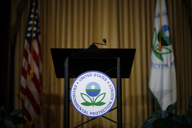 FILE PHOTO: Podium awaits the arrival of U.S. EPA Acting Administrator Andrew Wheeler to address staff at EPA Headquarters in Washington