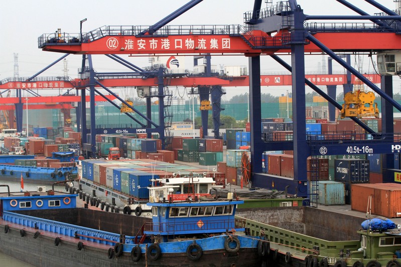 Containers are seen at a port in Huaian