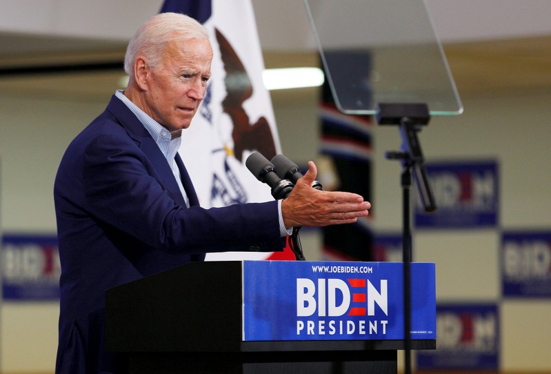 FILE PHOTO: Democratic 2020 U.S. presidential candidate and former Vice President Joe Biden speeks at an event at the Mississippi Valley Fairgrounds in Davenport