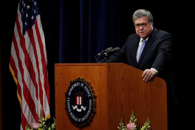 U.S. Attorney General William Barr speaks at the FBI National Academy Graduation Ceremony in Quantico
