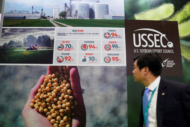 A stall of U.S. Soybean Export Council is seen during the China International Import Expo (CIIE), at the National Exhibition and Convention Center in Shanghai