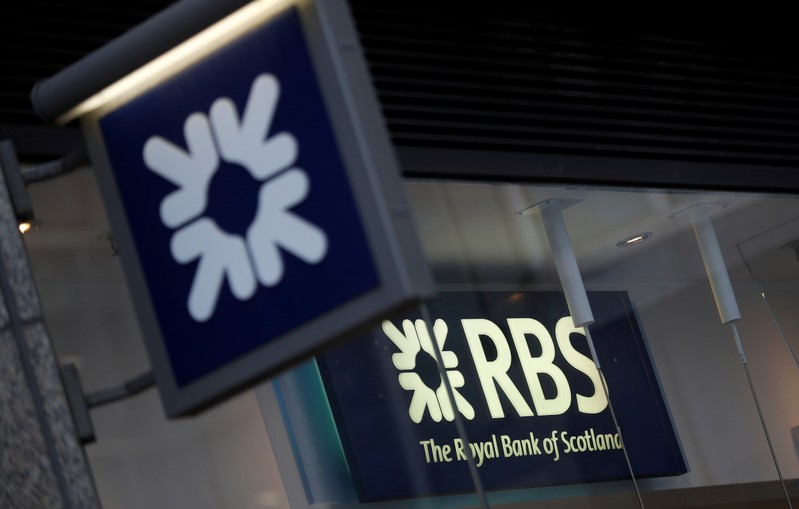 FILE PHOTO: Royal Bank of Scotland signs at one of its London branches