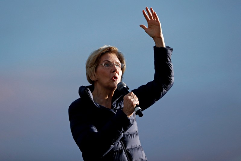 FILE PHOTO: 2020 Democratic presidential candidate U.S. Sen. Elizabeth Warren speaks during a town hall event at Laney College prior to the California Democratic Convention in Oakland, California