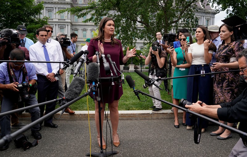 Sarah Sanders speaks to reporters at the White House in Washington