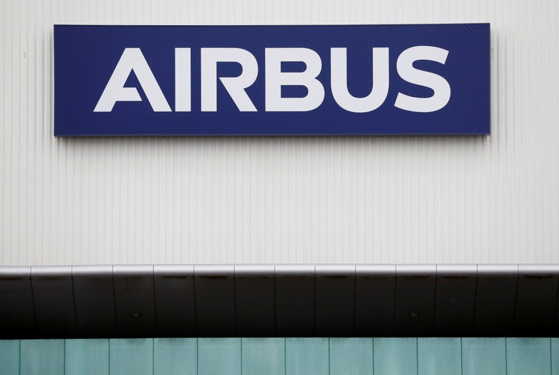 The logo of Airbus is pictured at their facility in Montoir-de-Bretagne near Saint-Nazaire