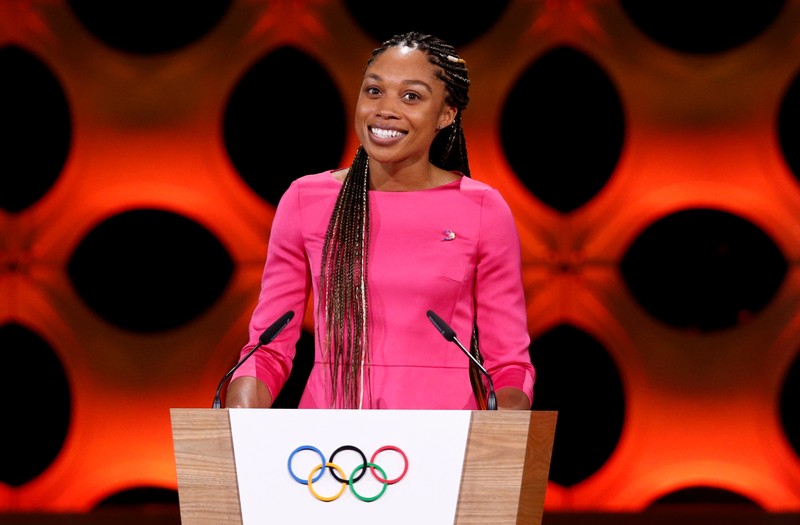 FILE PHOTO: Olympic Champion and Member of LA2028 AAC Allyson Felix gives a speech at the presentation of Los Angeles 2028 at the 131st IOC session in Lima