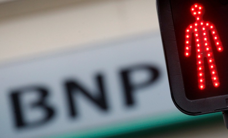 A BNP Paribas logo is seen outside a bank office in Nantes