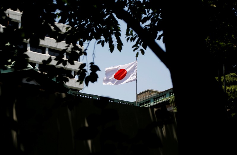 A Japanese flag flutters atop the Bank of Japan building in Tokyo