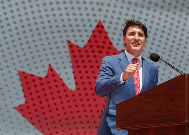 FILE PHOTO: Prime Minister Justin Trudeau speaks during Canada Day festivities on Parliament Hill in Ottawa