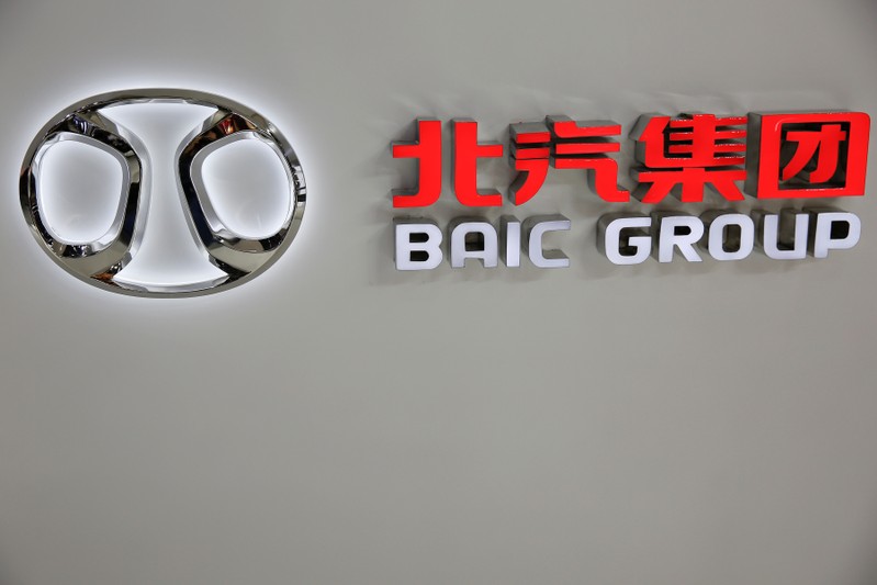 FILE PHOTO: The logo of Beijing Automotive Group (BAIC) is seen during the Auto China 2016 auto show in Beijing