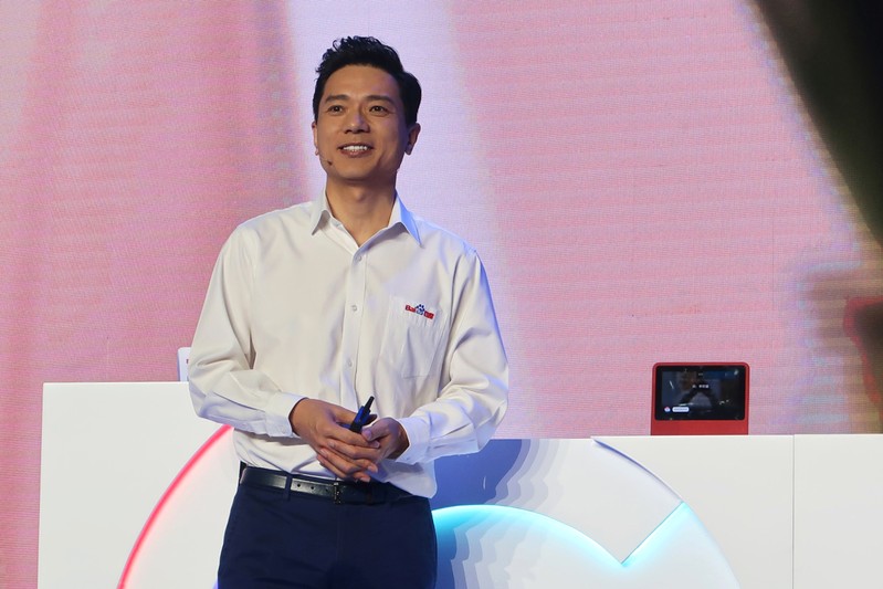Baidu's co-founder and CEO Li delivers a keynote speech at the opening session of Baidu's annual AI developers conference Baidu Create 2019 in Beijing