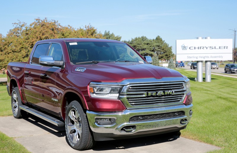 FILE PHOTO: A 2019 Ram 1500 pickup truck is on display in front of the FCA Sterling Heights Assembly Plant in Sterling Heights Michigan