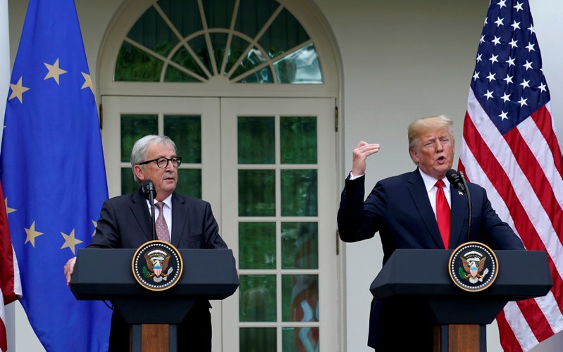 U.S. President Donald Trump and President of the European Commission Jean-Claude Juncker speak about trade relations in the Rose Garden of the White House in Washington