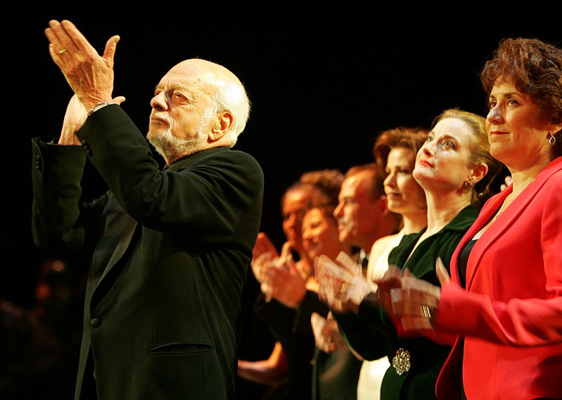 FILE PHOTO: Director Harold Prince applauds during the curtain call of 'The Phantom of the Opera' in New York