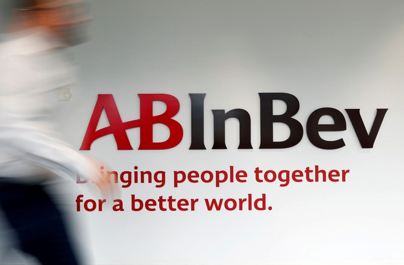 FILE PHOTO: The logo of AB InBev is pictured inside the brewer's headquarters in Leuven, Belgium