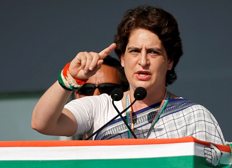 Priyanka Gandhi Vadra, a leader of India's main opposition Congress party, addresses her party's supporters during a public meeting in Gandhinagar