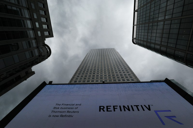 An advertisement for Refinitiv is seen on a screen in London's Canary Wharf financial centre