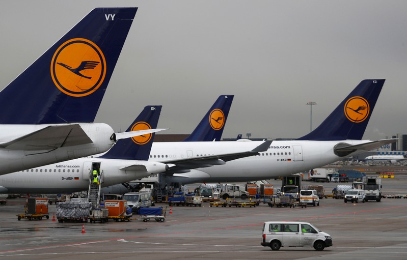 Planes of German air carrier Lufthansa are seen at Germany's largest airport, Fraport, in Frankfurt
