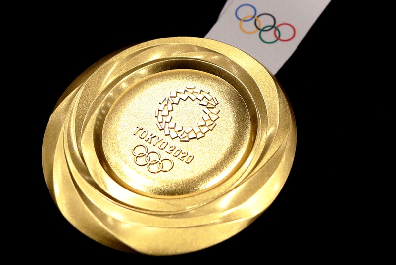 A Tokyo 2020 Olympic gold medal is pictured during the 'One Year to Go' ceremony celebrating one year out from the start of the summer games at Tokyo International Forum in Tokyo