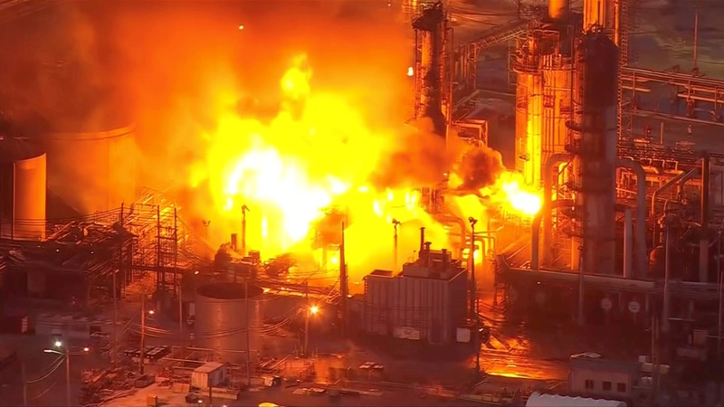FILE PHOTO: A massive fire burns at Philadelphia Energy Solutions Inc's oil refinery in this still image from video in Philadelphia