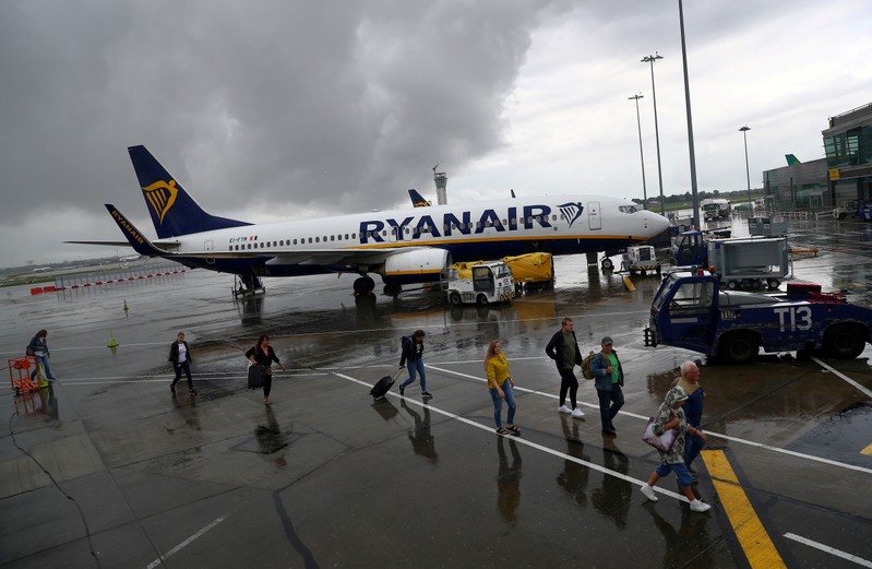 FILE PHOTO: Passengers disembark a Ryanair flight at Dublin International Airport in Dublin
