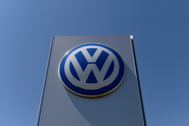 FILE PHOTO: The logo of Volkswagen is seen in front of its plant, in Bratislava