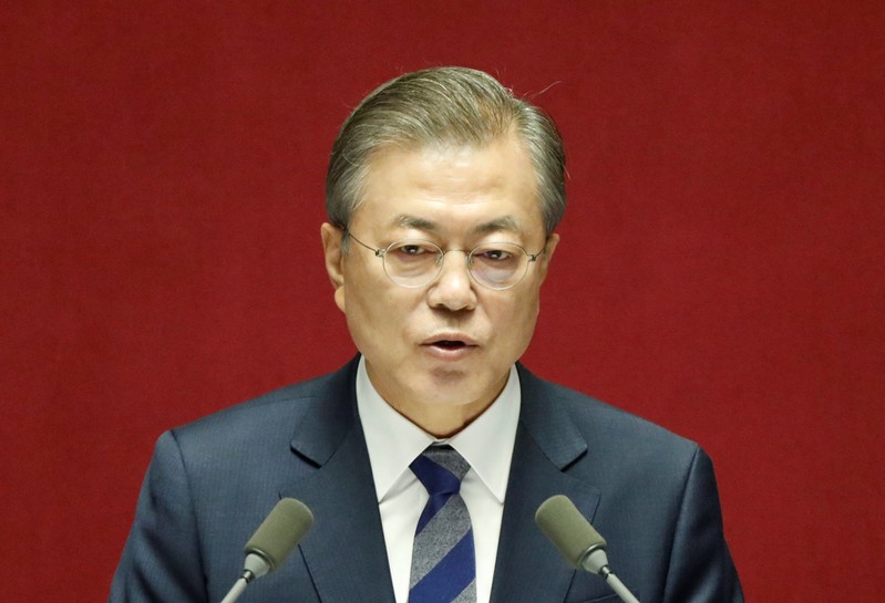 South Korean President Moon Jae-in delivers his speech on the government's 2019 budget proposal during a plenary session at the National Assembly in Seoul