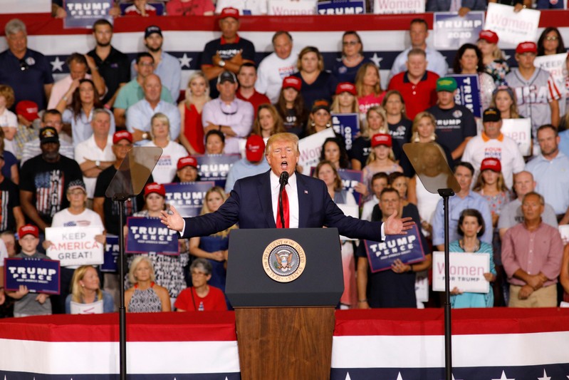 U.S. President Trump speaks about U.S. Representative Omar at campaign rally in Greenville