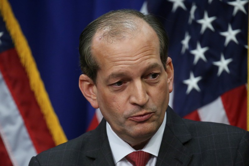 FILE PHOTO: U.S. Labor Secretary Alexander Acosta holds news conference about his role in a 2008 plea deal with financier Epstein at the Labor Department in Washington