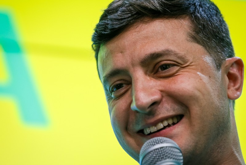Ukraine's President Volodymyr Zelenskiy speaks at his party's headquarters after a parliamentary election in Kiev