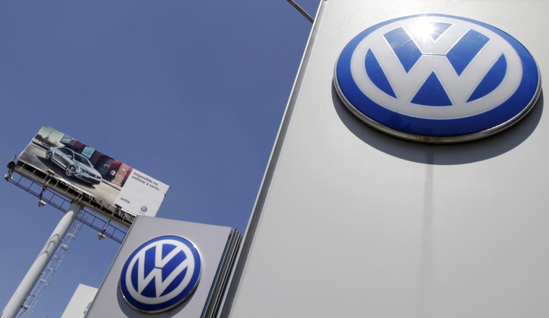 FILE PHOTO: The logo of German carmaker Volkswagen is seen at the Volkswagen (VW) automobile manufacturing plant in Puebla near Mexico City