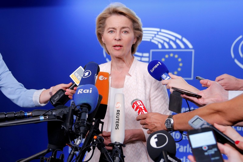 FILE PHOTO: German Defense Minister Ursula von der Leyen, who has been nominated as European Commission President, attends a news conference during a visit at the European Parliament in Strasbourg