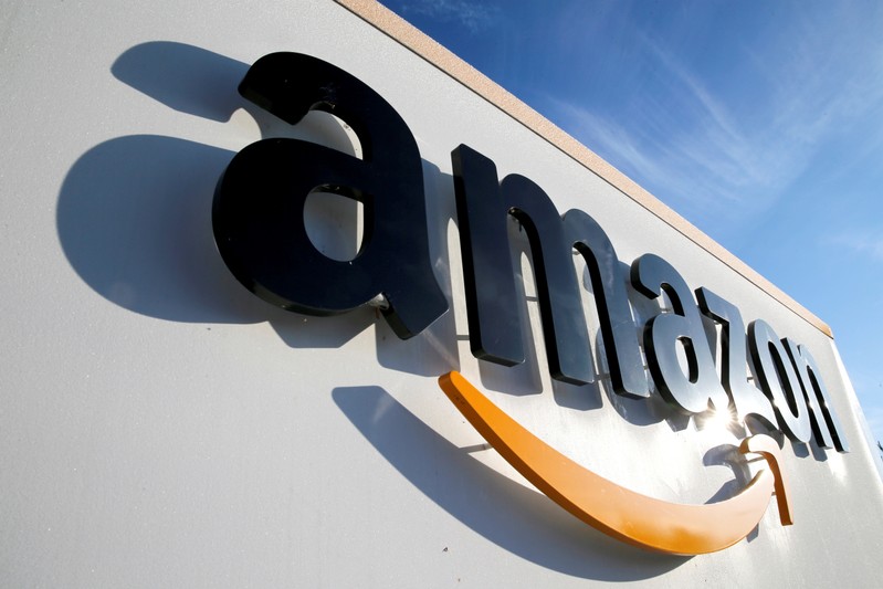 FILE PHOTO: The logo of Amazon is seen at the company logistics centre in Boves