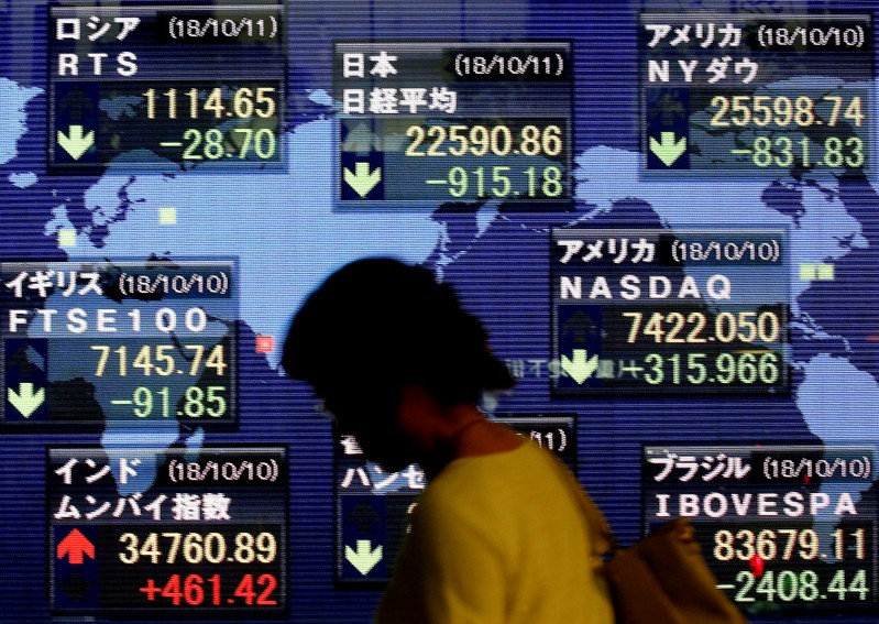 FILE PHOTO: A woman walks past an electronic board showing the stock market indices of various countries outside a brokerage in Tokyo