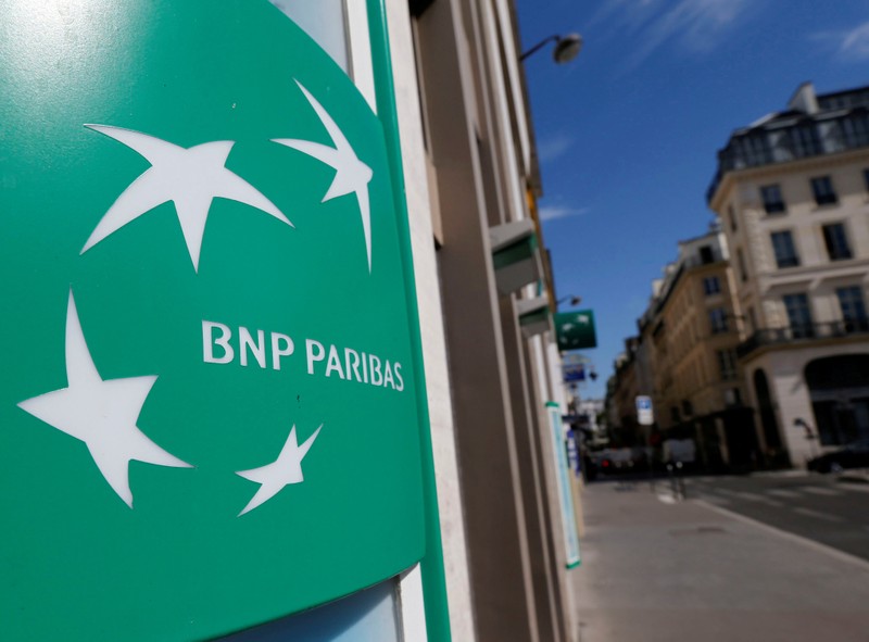 FILE PHOTO: A BNP Paribas logo outside a bank office in Paris