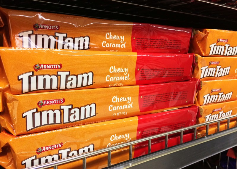 FILE PHOTO: Arnott's Tim-Tam biscuits are pictured on a supermarket shelf in Sydney