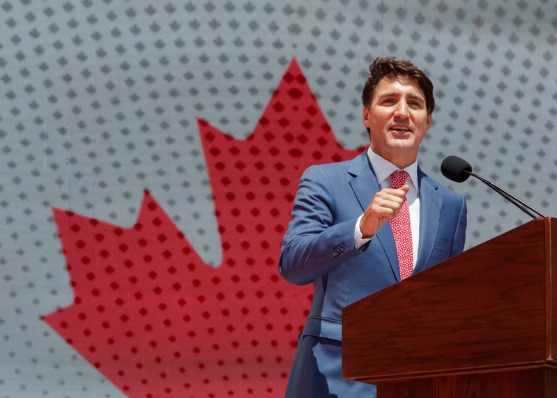 FILE PHOTO: Prime Minister Justin Trudeau speaks during Canada Day festivities on Parliament Hill in Ottawa