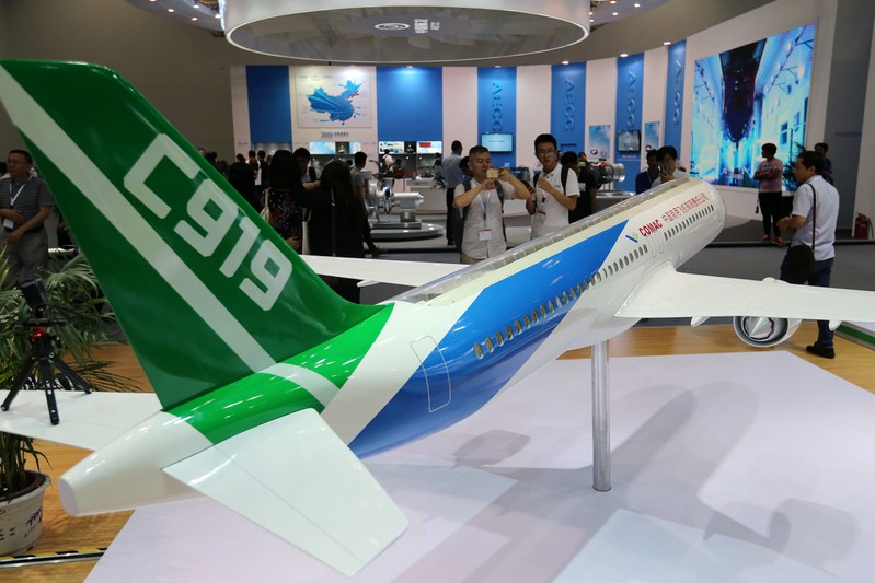 A model of C919 passenger jet by COMAC is displayed at Aviation Expo China 2017 in Beijing