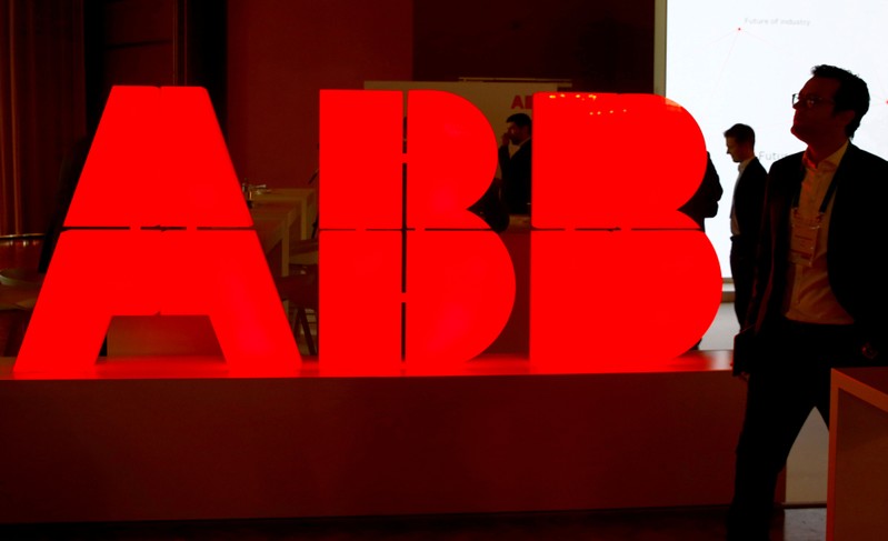 FILE PHOTO: Logo of Swiss power technology and automation group ABB is seen at the Swiss Economic Forum conference in Interlaken