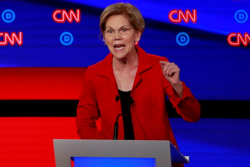 FILE PHOTO: Democratic 2020 U.S. presidential candidate U.S. Senator Elizabeth Warren speaks during the first night of the second 2020 Democratic U.S. presidential debate in Detroit