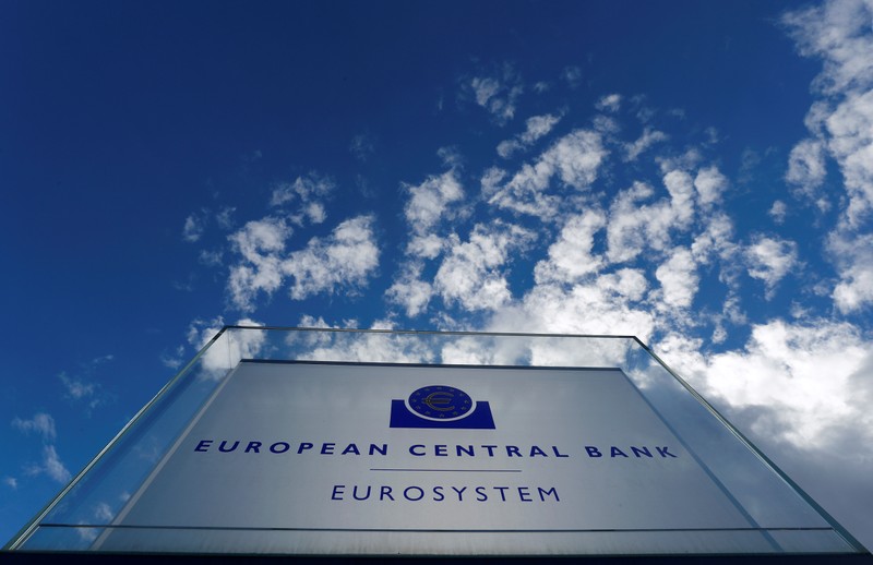FILE PHOTO: Sign of the European Central Bank (ECB) is seen ahead of a news conference on the outcome of the Governing Council meeting, outside the ECB headquarters in Frankfurt