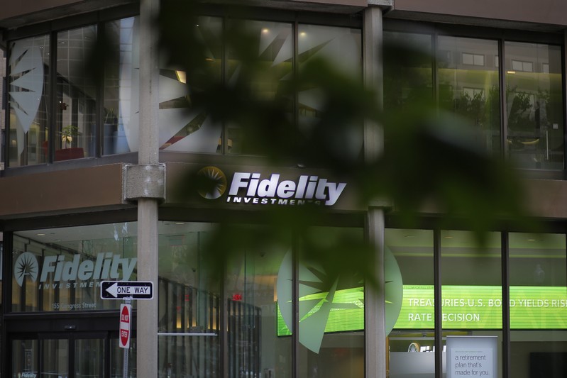 A sign marks a Fidelity Investments office in Boston