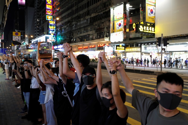 Anti-extradition bill protesters hold hands to form a human chain during a rally to call for political reforms at Mongkok, in Hong Kong