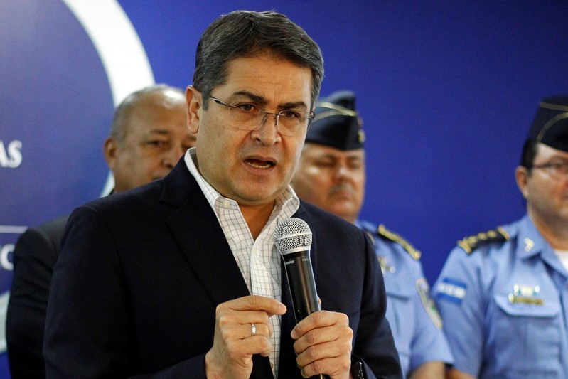 FILE PHOTO - Honduras' President Juan Orlando Hernandez speaks during a news conference at the Presidential House in Tegucigalpa