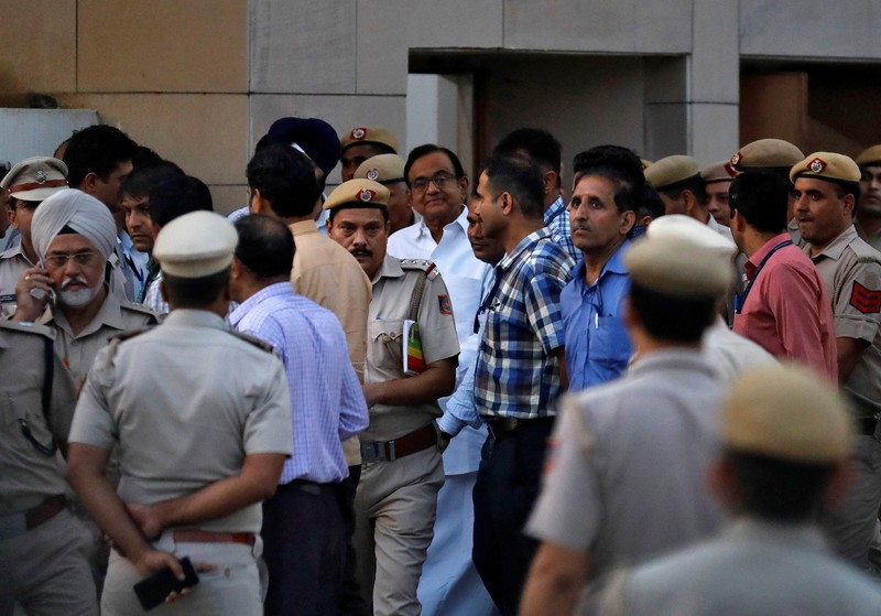 India's former finance minister Chidambaram leaves court after a hearing following his arrest, in New Delhi